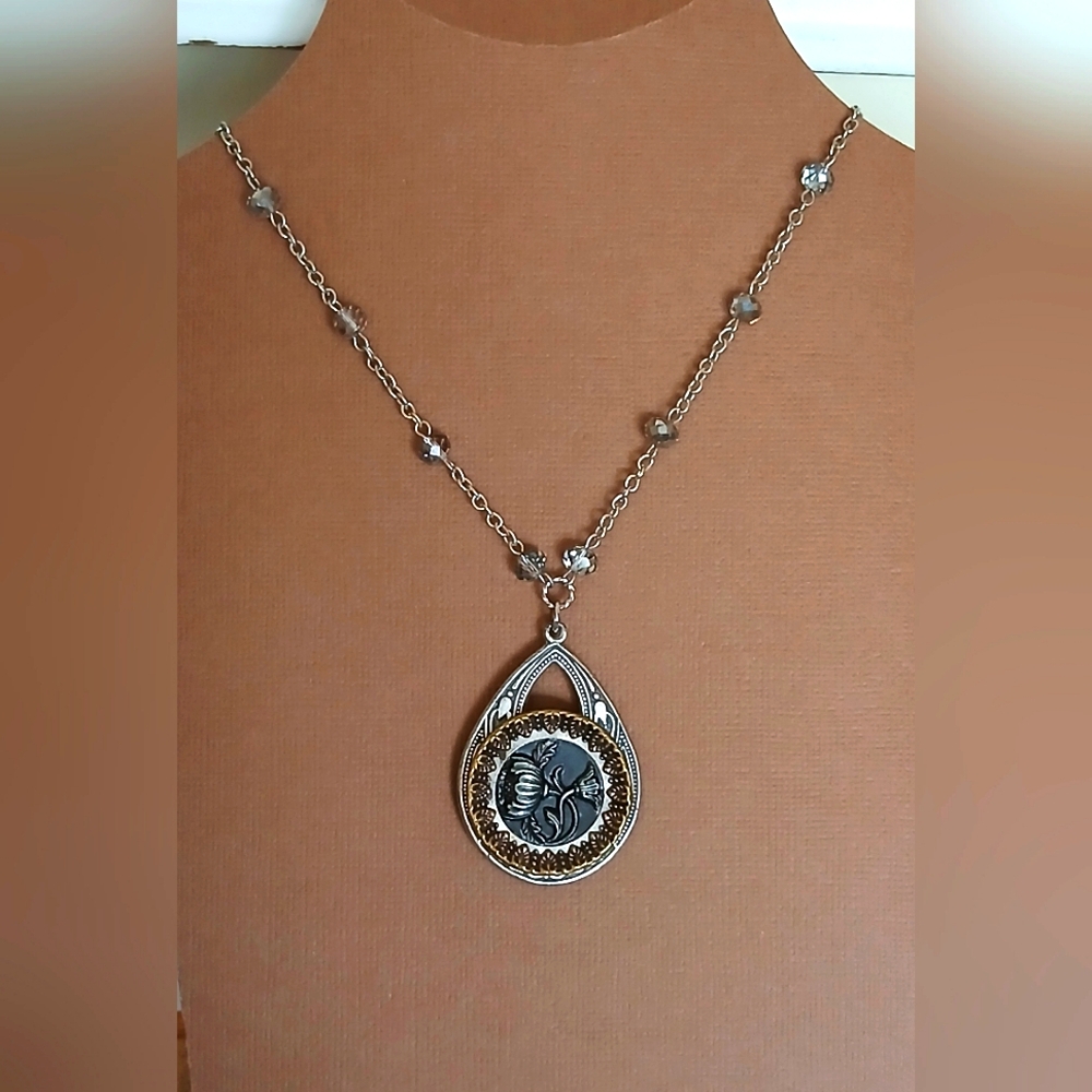 Antique Picture Button Necklace, Oxidized Silver, Victorian Boho Western